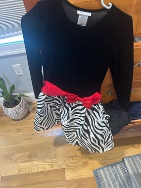 Girls Black Velvet Zebra Print Dress with Red Bow